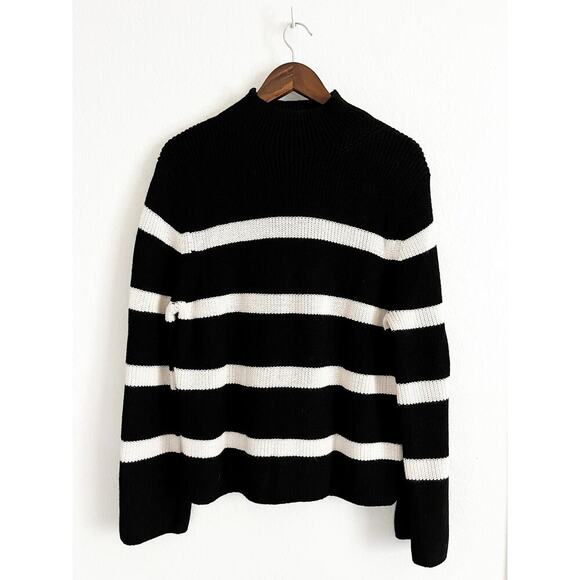 Banana Republic Wool Blend Mock Neck Wide Sleeve Striped Sweater Black White L - Picture 2 of 7